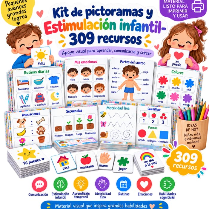 Kit completo de pictogramas y estimulación infantil: 309 recursos listos para imprimir y usar