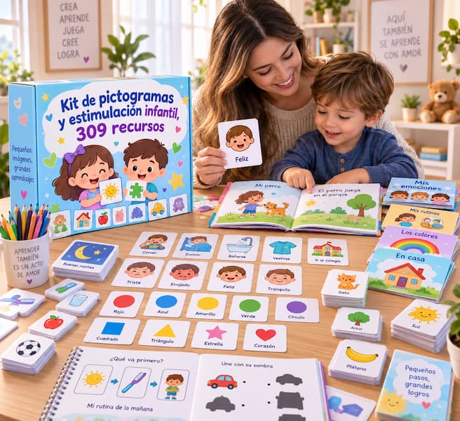 Kit de pictogramas y estimulación infantil: caja, tarjetas de emociones, cuentos y fichas imprimibles sobre la mesa