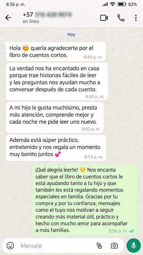 Testimonio de WhatsApp sobre los cuentos cortos y las preguntas para conversar en familia
