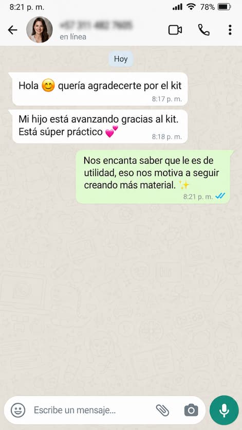 Testimonio de WhatsApp sobre los avances de un niño gracias al kit